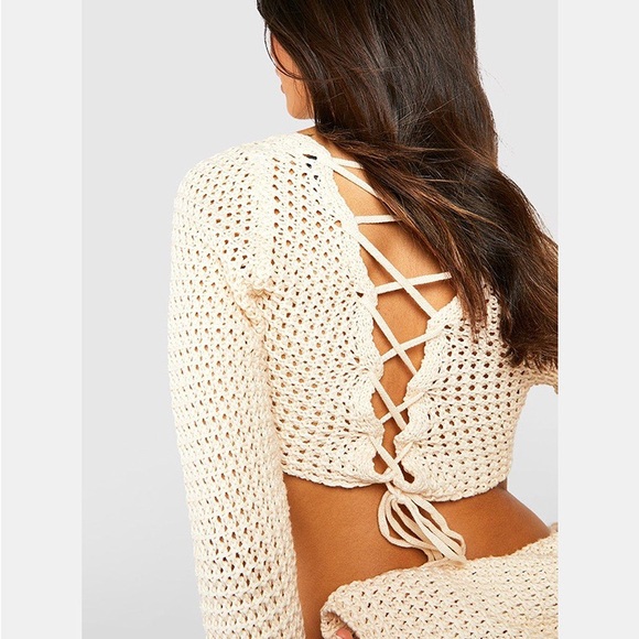 Missguided Cream Crochet Lace-Up Swim Cover-Up - Picture 1 of 7